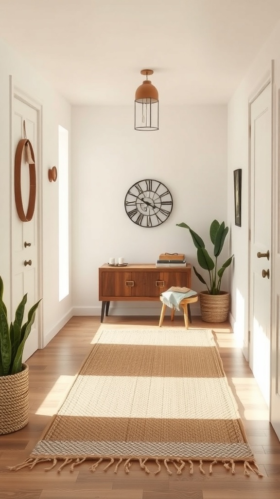 A bright and inviting entryway featuring layered rugs, plants, and stylish decor.