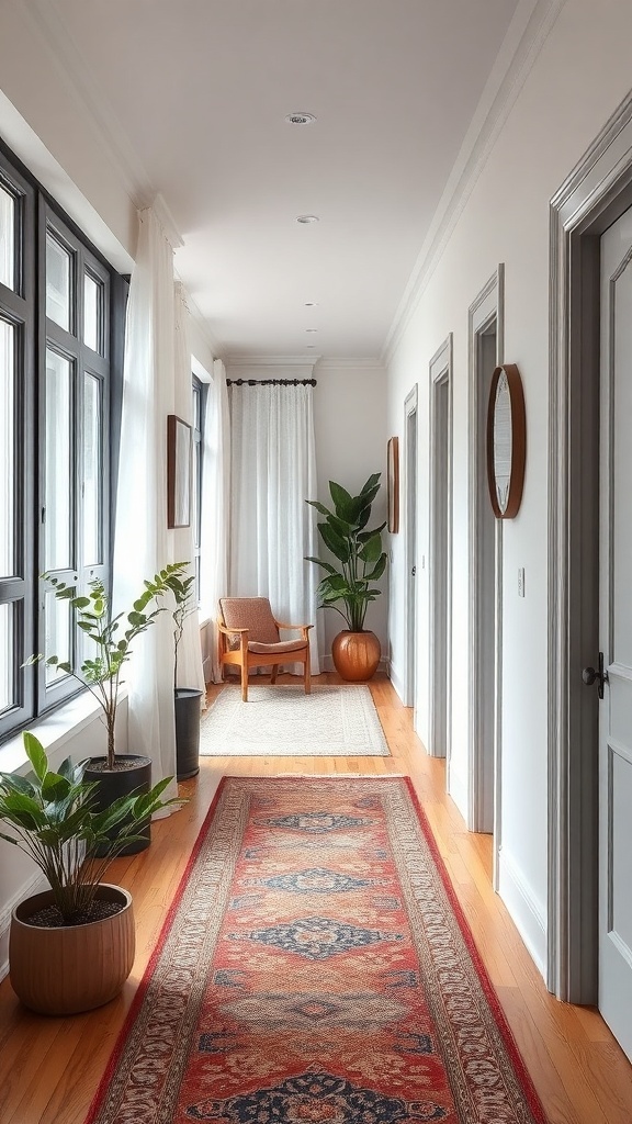 A narrow hallway featuring a vibrant runner rug, plants, and a chair, showcasing layered textures.