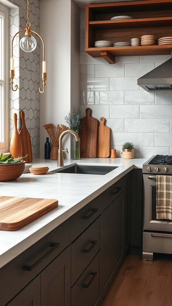 A modern kitchen featuring a marble countertop, wooden cutting boards, and a stylish backsplash.