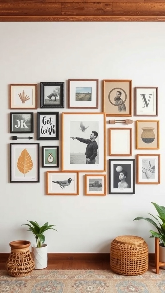 A gallery wall featuring a variety of framed art pieces in different styles and sizes, with plants and decorative items below.