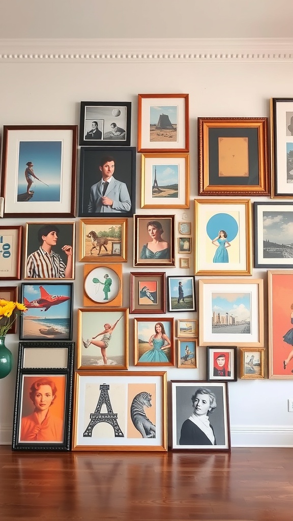 A dynamic gallery wall featuring various framed artworks in different styles and sizes.