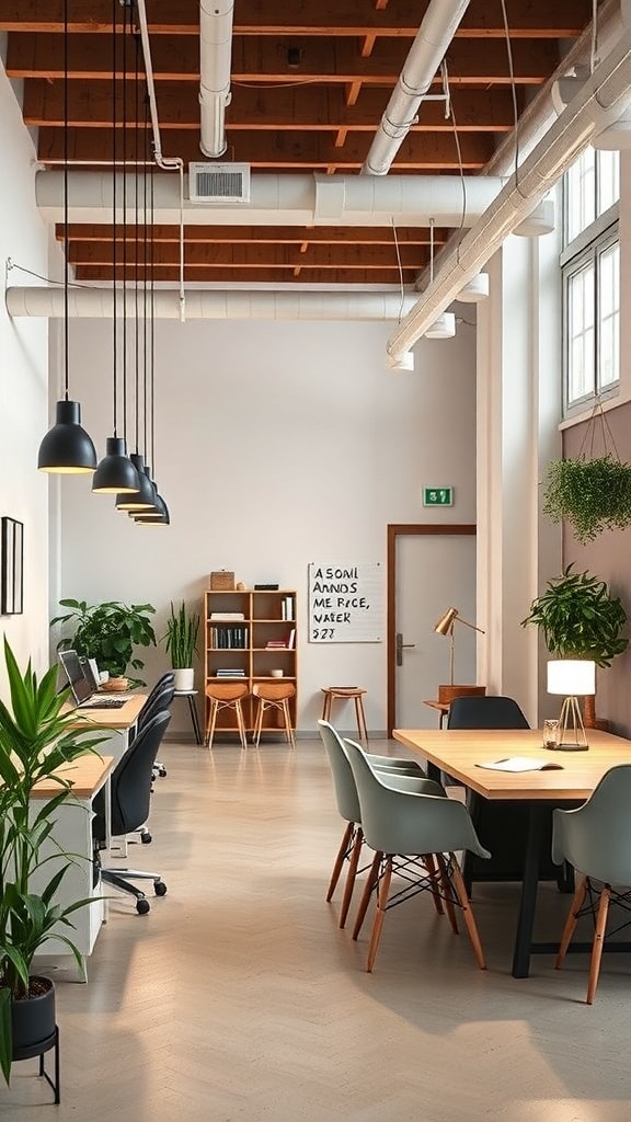 A modern office space featuring layered lighting options with pendant lights, desk lamps, and plants.