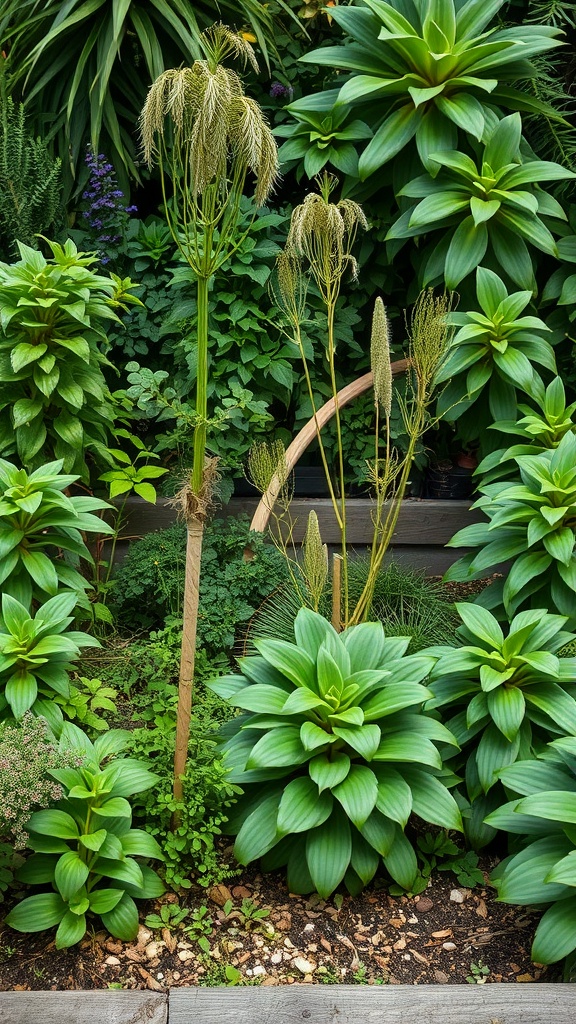 A garden showcasing layered plants with varying heights and textures, featuring lush green foliage.