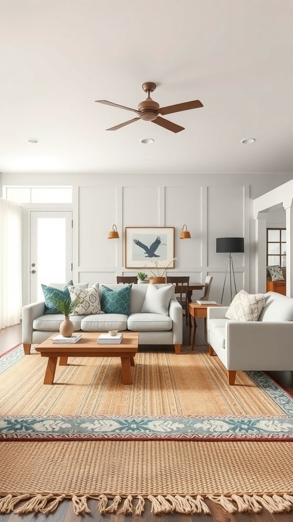 A cozy living room with layered rugs, featuring a natural fiber rug and a patterned rug on top.
