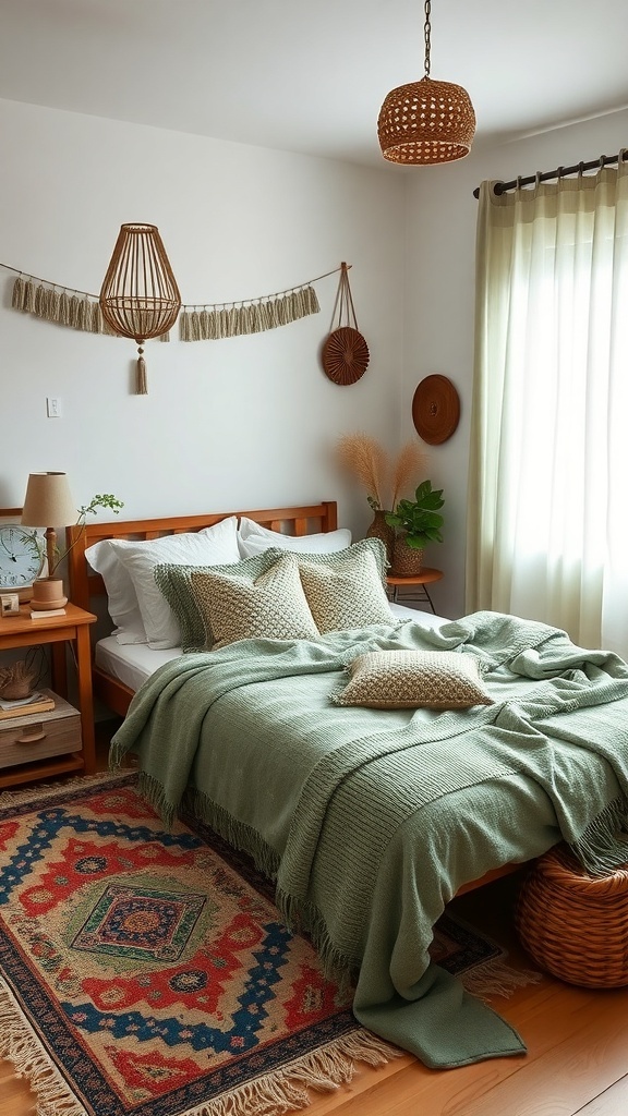 A cozy Boho style bedroom featuring sage green textiles, colorful rugs, and natural decor elements.