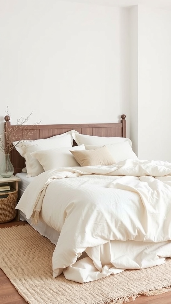 A minimalist farmhouse bedroom with layered textiles, featuring a soft duvet, textured throws, and decorative pillows.