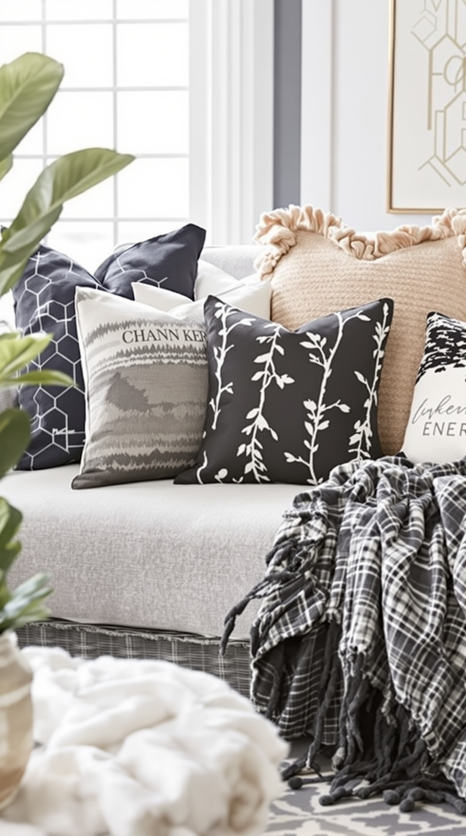 Gemütliches Wohnzimmer mit Couch, Kissen, Decke, Couchtisch und Pflanzen