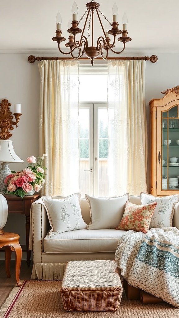 Cozy farmhouse living room with layered textiles, including a sofa with decorative pillows, a throw blanket, and light curtains.