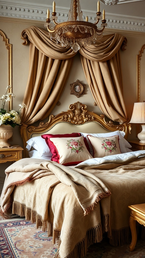 A luxurious Rococo bedroom featuring layered textiles, including a fringed throw, embroidered pillows, and elegant draped curtains.