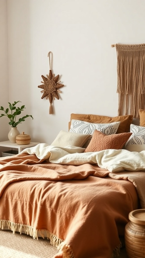 A cozy bedroom with layered textiles including an orange blanket, patterned pillows, and a macrame wall hanging.