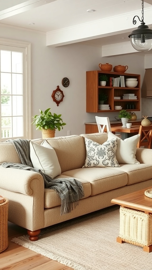 A cozy living room featuring a beige sofa with layered textiles, including pillows and a throw blanket, complemented by a natural fiber rug and a plant.