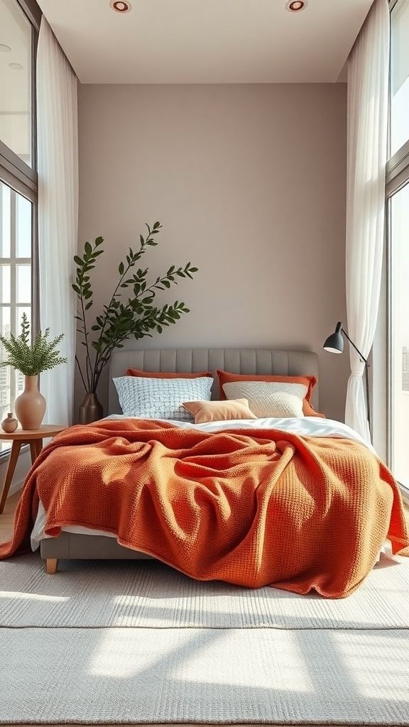 A cozy small bedroom with a layered bed featuring an orange blanket, decorative pillows, and a textured rug.