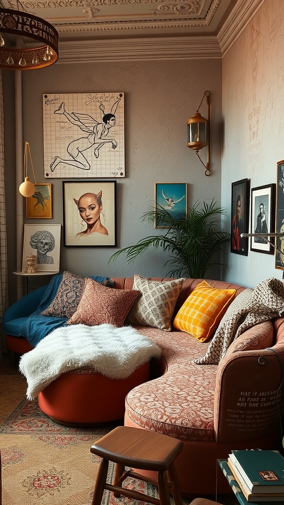 A cozy living room with layered textures, including a colorful sofa, patterned cushions, and a soft throw.