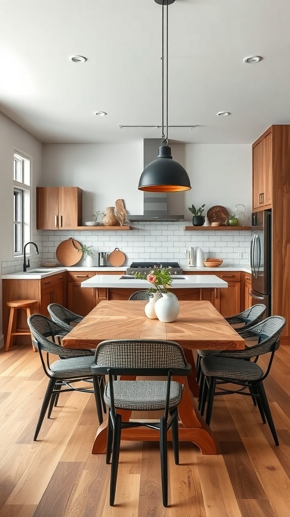 A modern kitchen with wooden cabinets, a white countertop, a round dining table, and woven chairs, featuring a black pendant light and decorative elements.