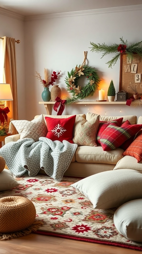Cozy living room decorated for the holidays with layered textures, pillows, and a festive wreath.