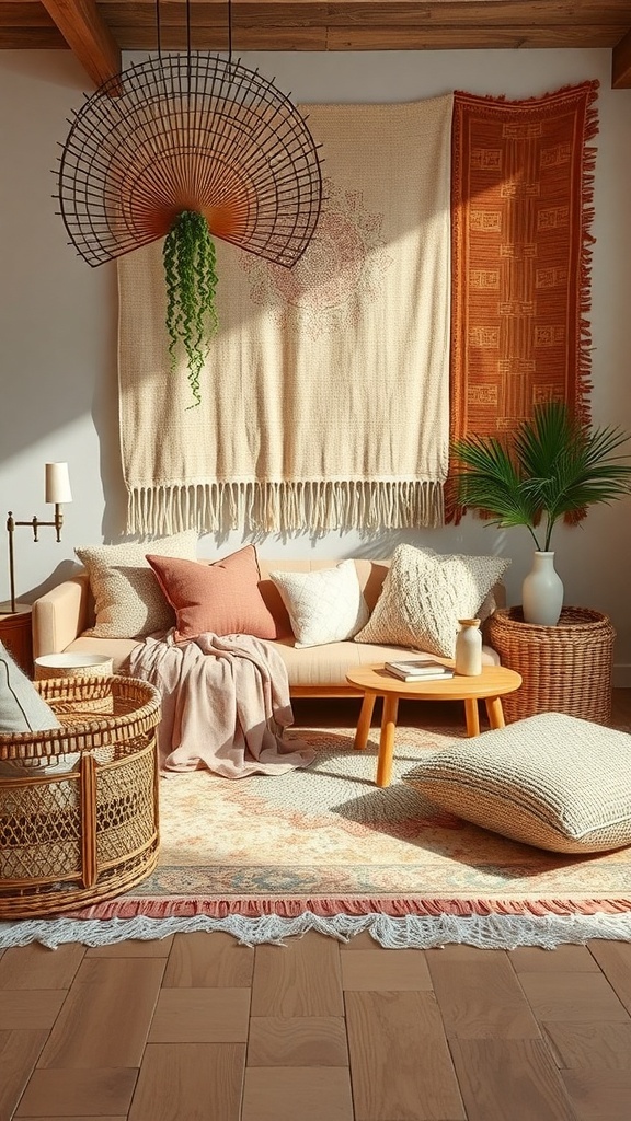 Ein stilvoller Wohnraum mit verschiedenen Texturen, darunter eine Couch mit Kissen, ein gemusterter Teppich und Pflanzen.
