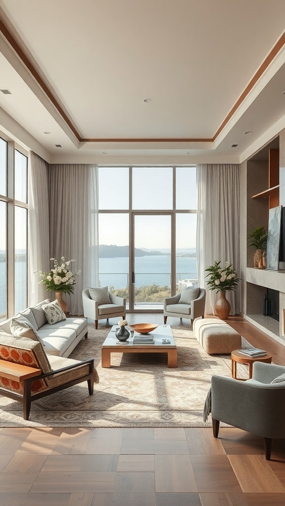 Ein stilvolles Wohnzimmer mit großen Fenstern, modernen Möbeln und einer warmen Farbpalette.