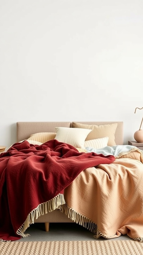 A cozy bed with a red throw layered over a beige blanket, featuring decorative pillows.