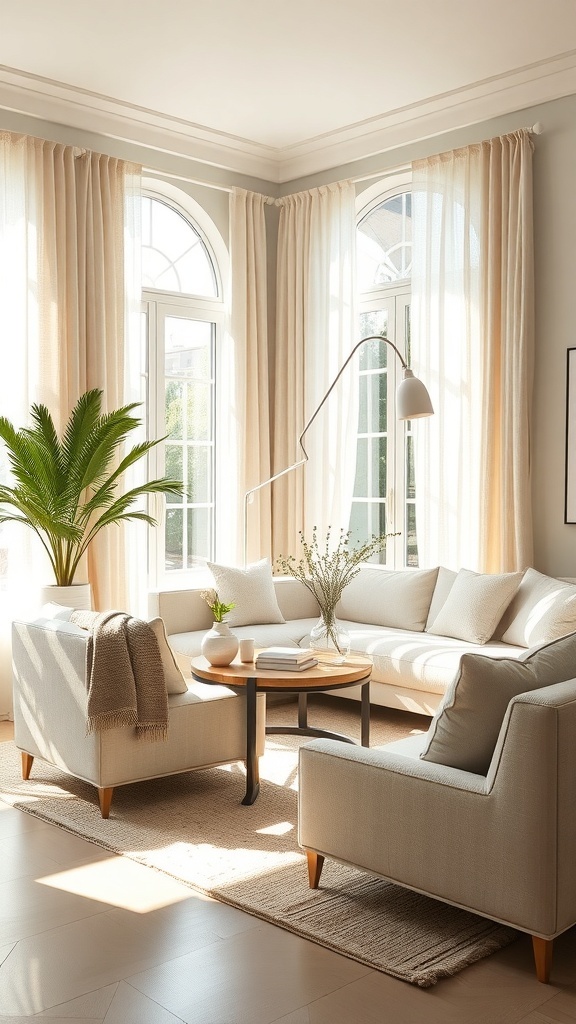 Ein stilvolles Wohnzimmer mit Leinenmöbeln, großen Fenstern und Pflanzen.