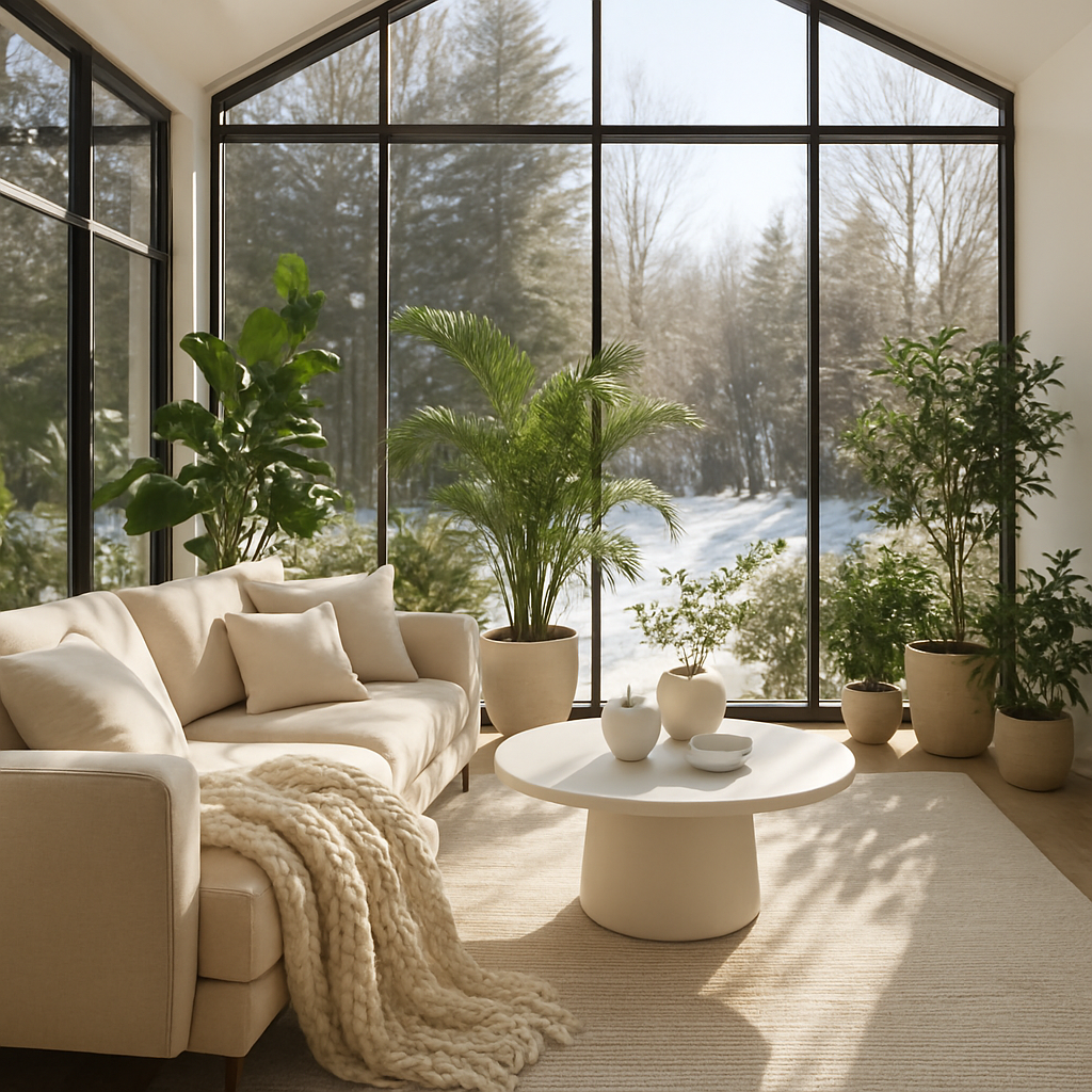 Heller Wintergarten mit großen Fenstern, einem bequemen Sofa und Pflanzen