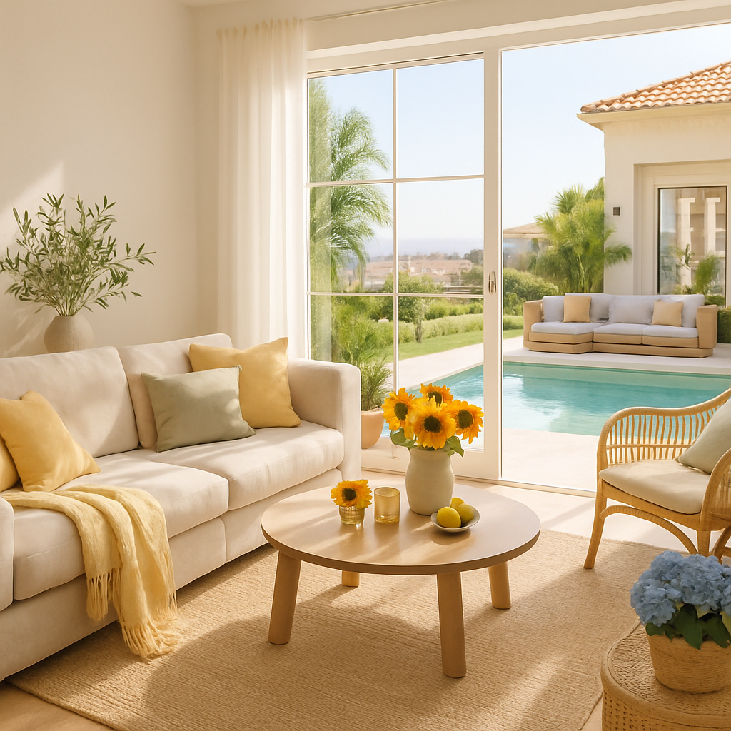 Helles Wohnzimmer mit großen Fenstern, gemütlicher Couch und Blick auf den Pool