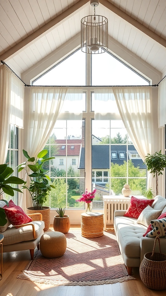 Helles Wohnzimmer mit großen Fenstern, Pflanzen und gemütlichen Möbeln