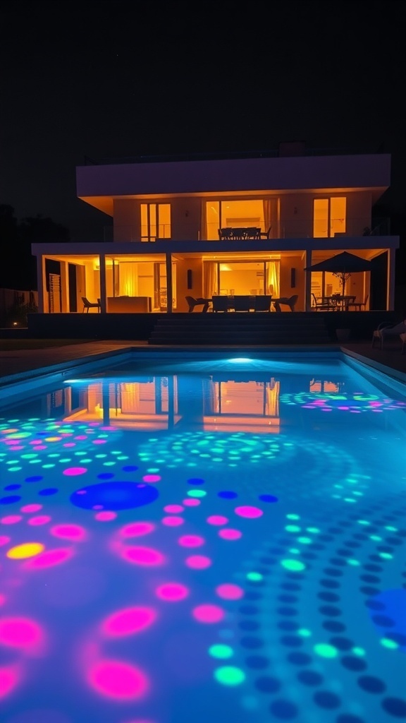 Ein beleuchteter Pool mit bunten Lichtspielen bei Nacht, umgeben von einem modernen Haus.