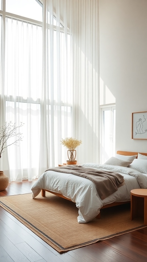 A serene Japandi bedroom with large windows, sheer curtains, and a cozy bed.