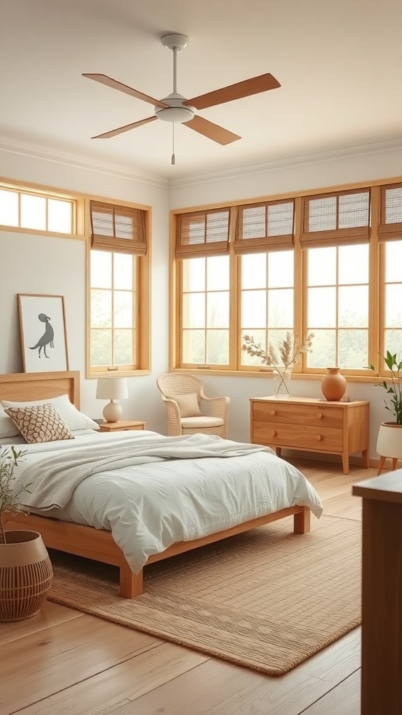 A light and airy bedroom featuring natural wood furniture, large windows, and soft textiles.