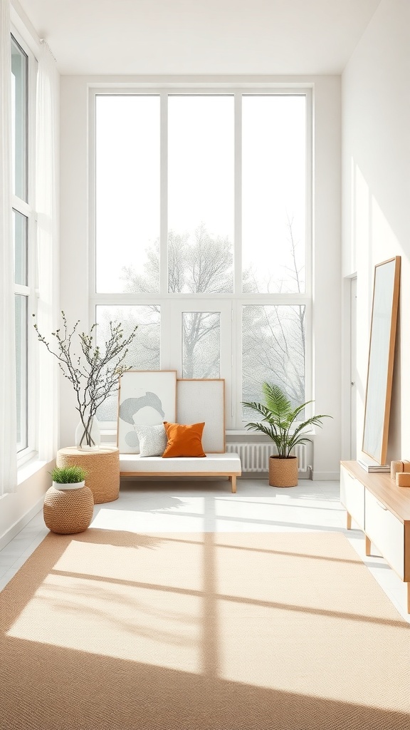 A bright and airy interior featuring large windows, a cozy seating area, and minimalistic decor.