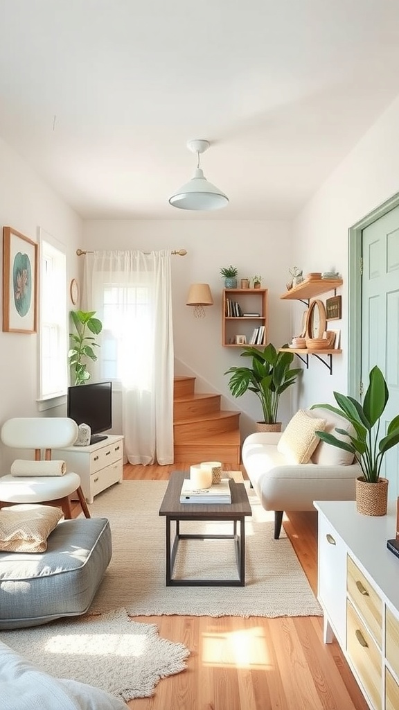 Cozy living room with light color palette, plants, and wooden accents