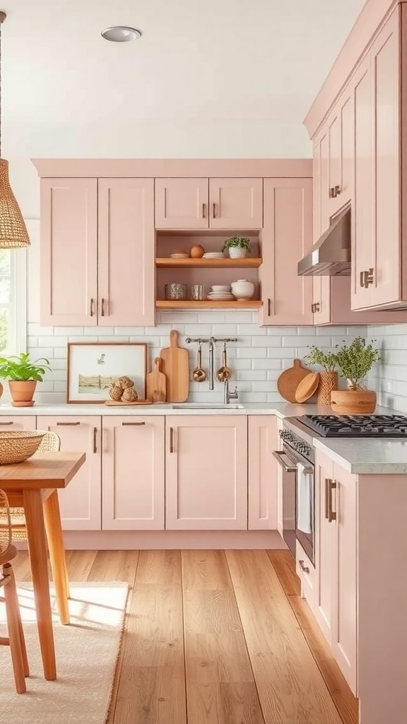 Modern pink kitchen with light pink cabinets and natural wood accents