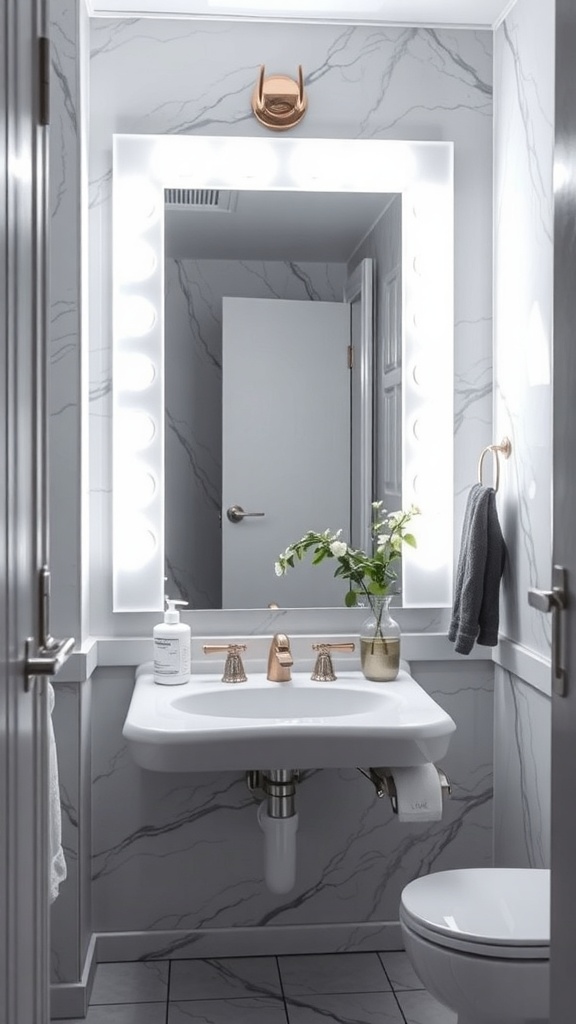 A modern bathroom featuring a lighted mirror with bright bulbs, marble walls, and stylish fixtures.