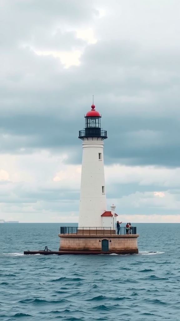 A lighthouse by the sea with a red top, surrounded by water and cloudy skies.