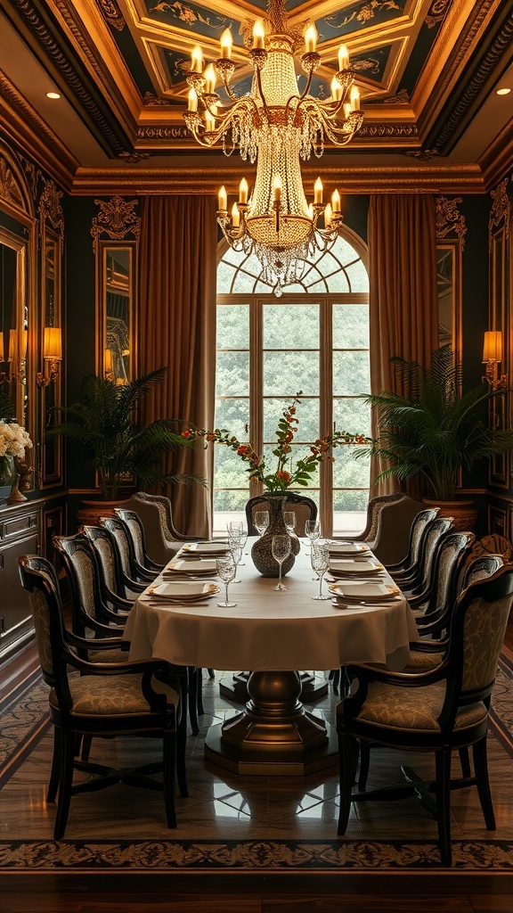 Elegant dining room with a chandelier and rich decor