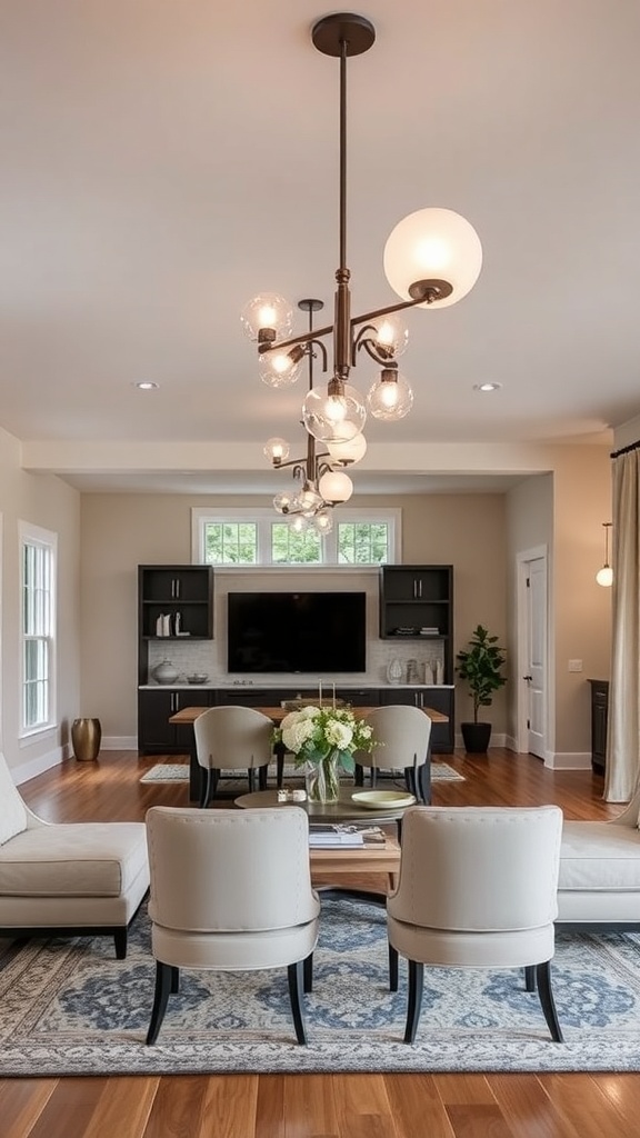 A modern living room featuring a stylish chandelier and warm lighting.