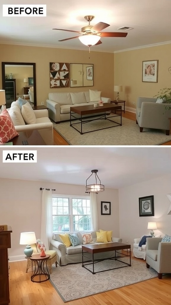Before and after image showing a living room transformation with lighting changes.