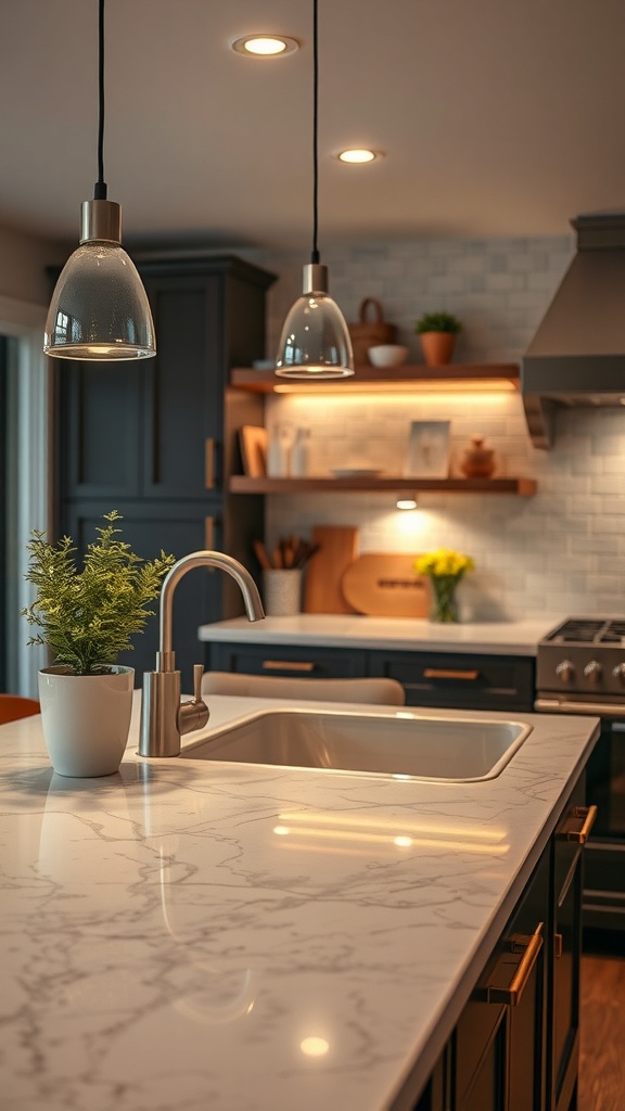 Stylish kitchen with pendant lights over a marble countertop and dark cabinetry.