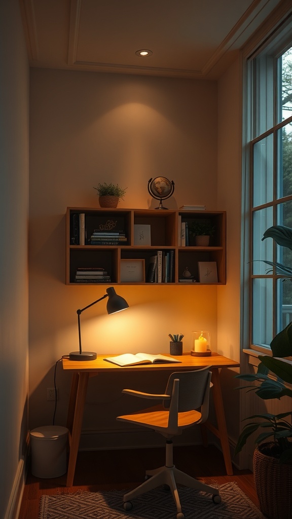 A small workspace with warm lighting, featuring a desk, chair, and plants.