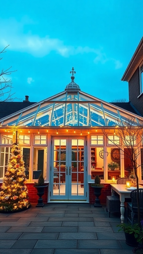 A cozy conservatory illuminated with warm lights, featuring a Christmas tree and a beautiful evening sky.