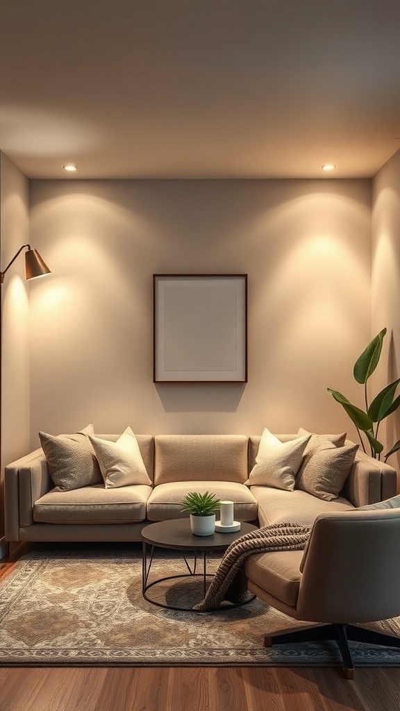 Cozy lounge pit with a sunken couch, warm lighting, and a stylish lamp.
