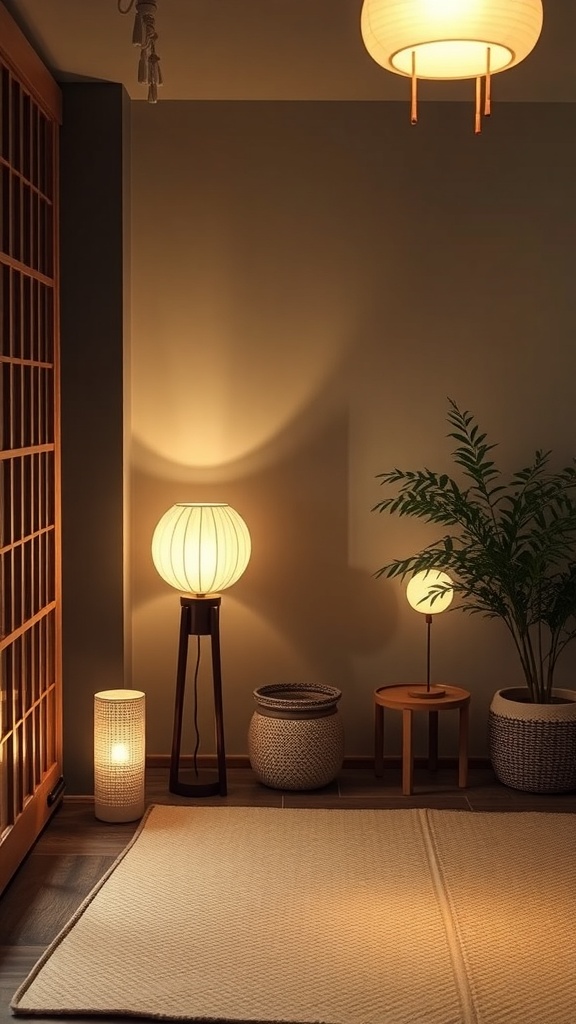 A cozy corner with soft lighting, featuring a hanging lantern, floor lamps, and potted plants, showcasing Japandi style decor.
