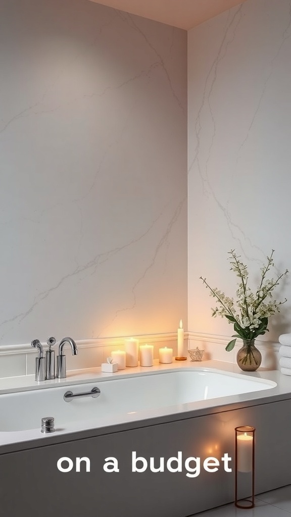 A serene bathroom featuring soft lighting, candles, and a bathtub, emphasizing a spa-like atmosphere on a budget.