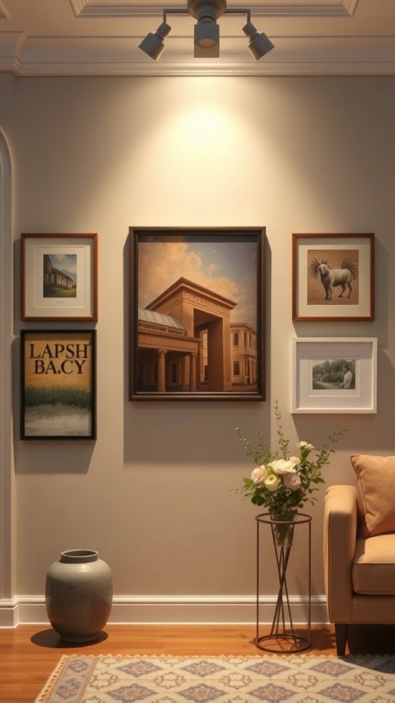 A well-lit gallery wall featuring various framed artworks with a spotlight above.