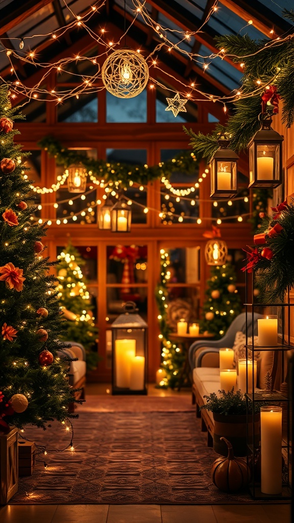 A cozy room decorated for the holidays with fairy lights, candles, and Christmas trees.