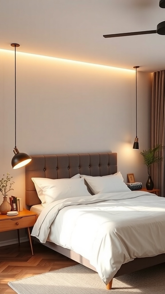 A modern bedroom with warm lighting, featuring a stylish bed, bedside tables, and decorative plants.