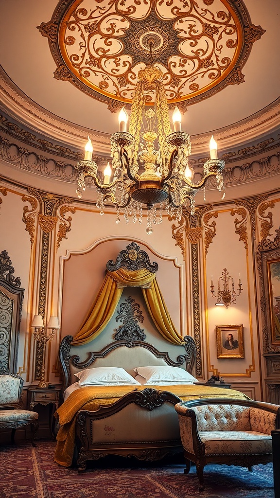 A luxurious Rococo bedroom featuring an ornate chandelier, golden accents, and rich fabrics.
