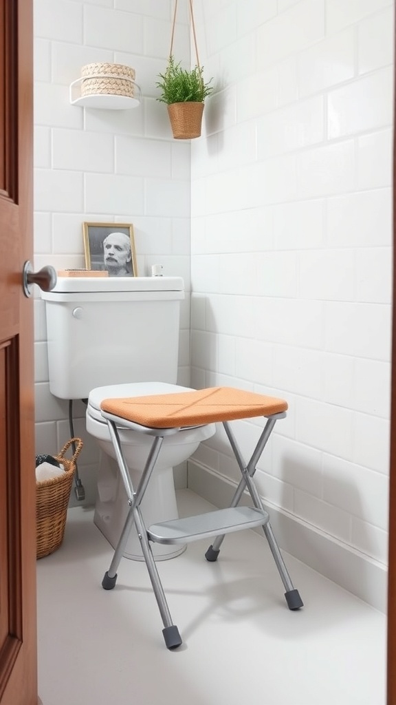 A small bathroom featuring a folding stool, showcasing space-saving furniture ideas.