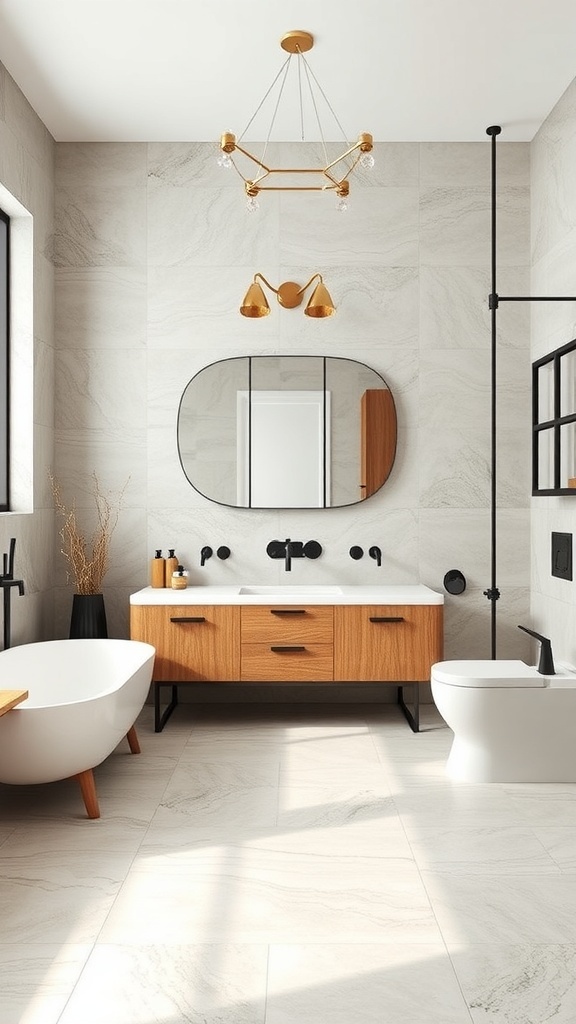 A modern bathroom featuring limestone tiles, wooden vanity, and stylish lighting.