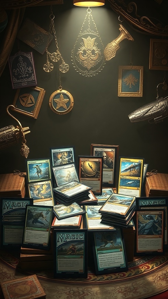 A collection of Magic: The Gathering foil cards displayed under a warm light, showcasing their vibrant designs.
